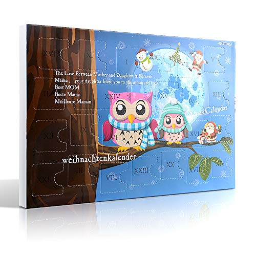 MJARTORIA Weihnachtskalender Schmuck Adventskalender 2020 für Damen Mädchen Kinder mit 24 Überraschungen Xmas Choker Kette Weinglas Marker Brosche Click Button Charms(Blau Eule)