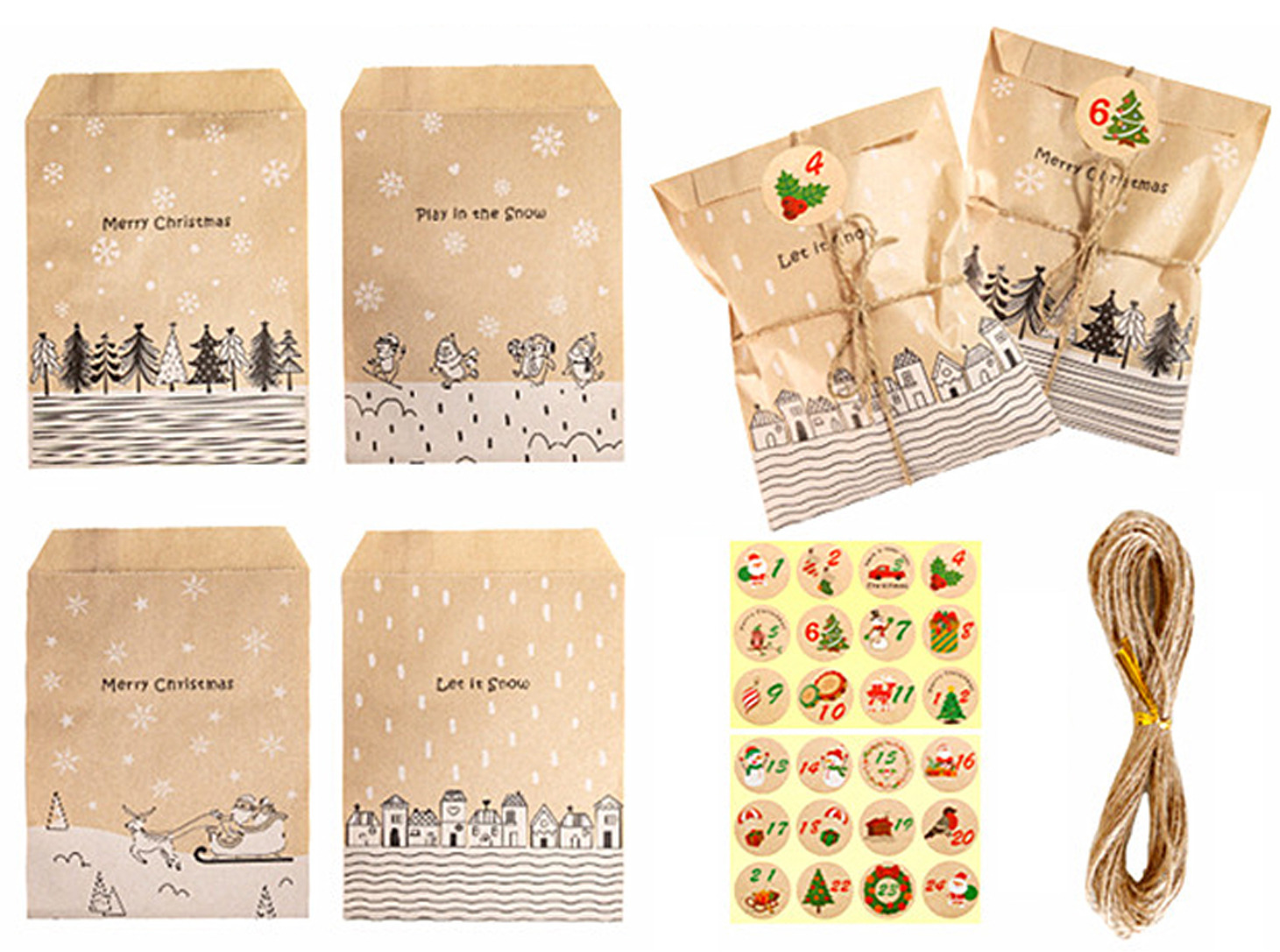 The Range Christmas DIY Advent Calendar Bags and Stickers - 24 Bags / 24