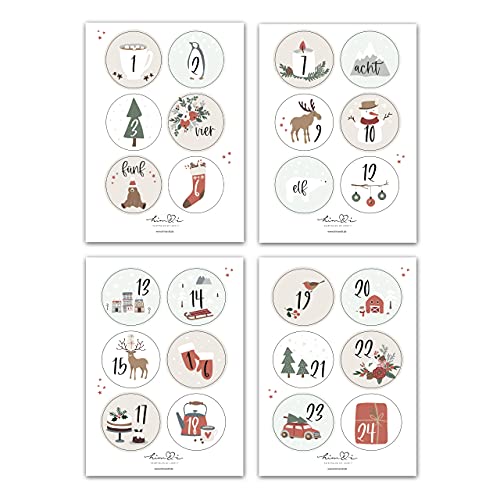 Him & I® - 24 Adventskalender Zahlen Sticker für Weihnachtskalender - Aufkleber für Adventskalender (rund/matt / 40mm) - Nummern für Papiertüten - perfekt für DIY Adventskalender basteln & befüllen
