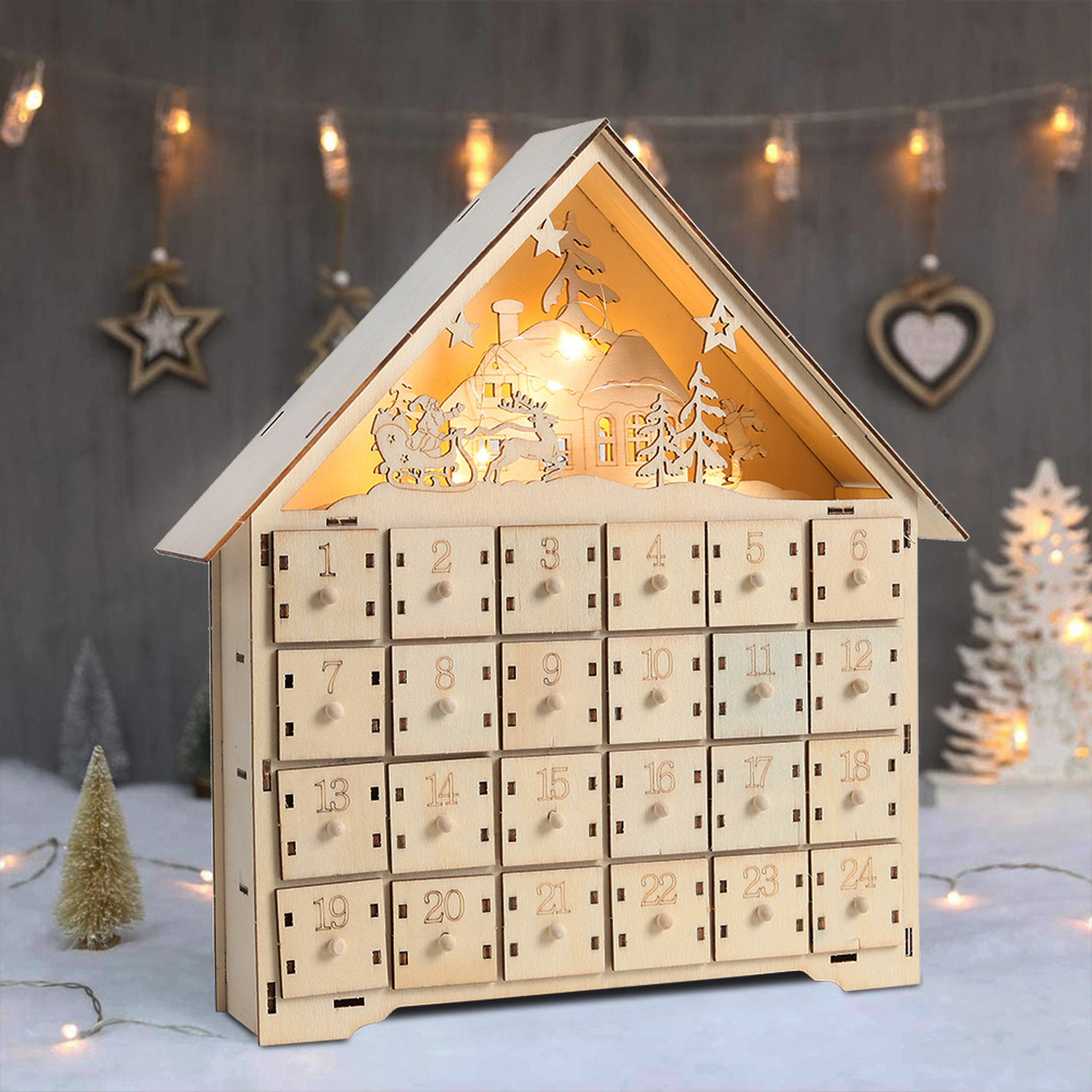 Wooden Advent Calendar Cabinet with Lights Content (EN)