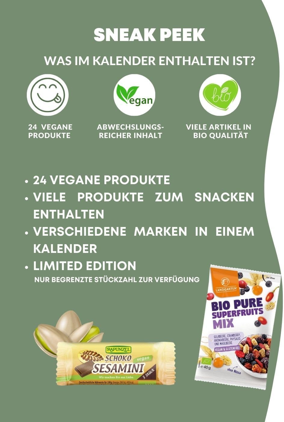 [ Boxiland ] Veganer Adventskalender 2023 BIO-Qualität Advenskalender mit 24 veganen Leckerein für die Adventszeit - Inhalt