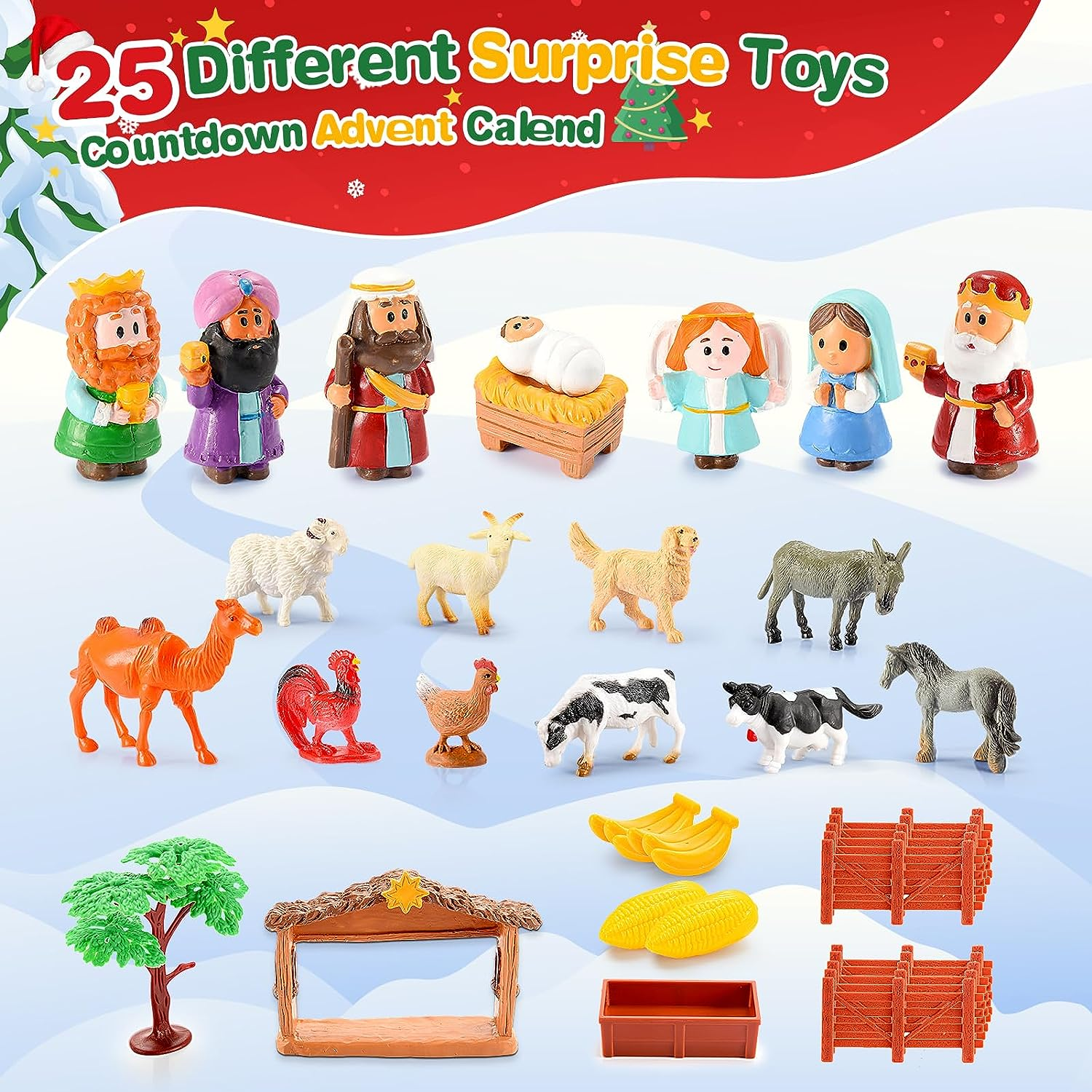 Adventskalender 2023 Kinder, Spielzeug Junge Weihnachtskrippe Holz Adventskalender Mädchen Weihnachten Deko, Weihnachtskalender Kinder Countdown Kinder Geschenke Mädchen Jungen 3-11 Jahre - Inhalt