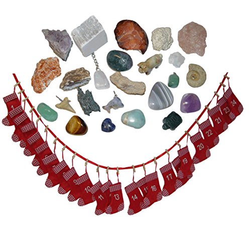 24 Edelsteine und Mineralien Adventskalender rote Filz Socken Stiefel gefüllt mit Rohstücke Figuren und Anhänger