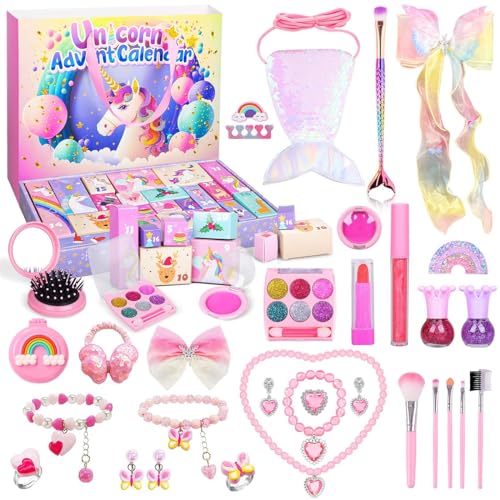 iZoeL Adventskalender kosmetik Kinder Mädchen 2023 Weihnachtskalender 24 Mode Schmuck schminke Beautykalender wie Einhornschmuck ohrringe haarschmuck ab 3-12 Jahre Mädchen