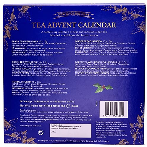 New English Teas Christmas Tea Advent Calendar, 50 Pyramid Teabags, 5 Festive Black Tea, Fruit & Herbal Blends variant