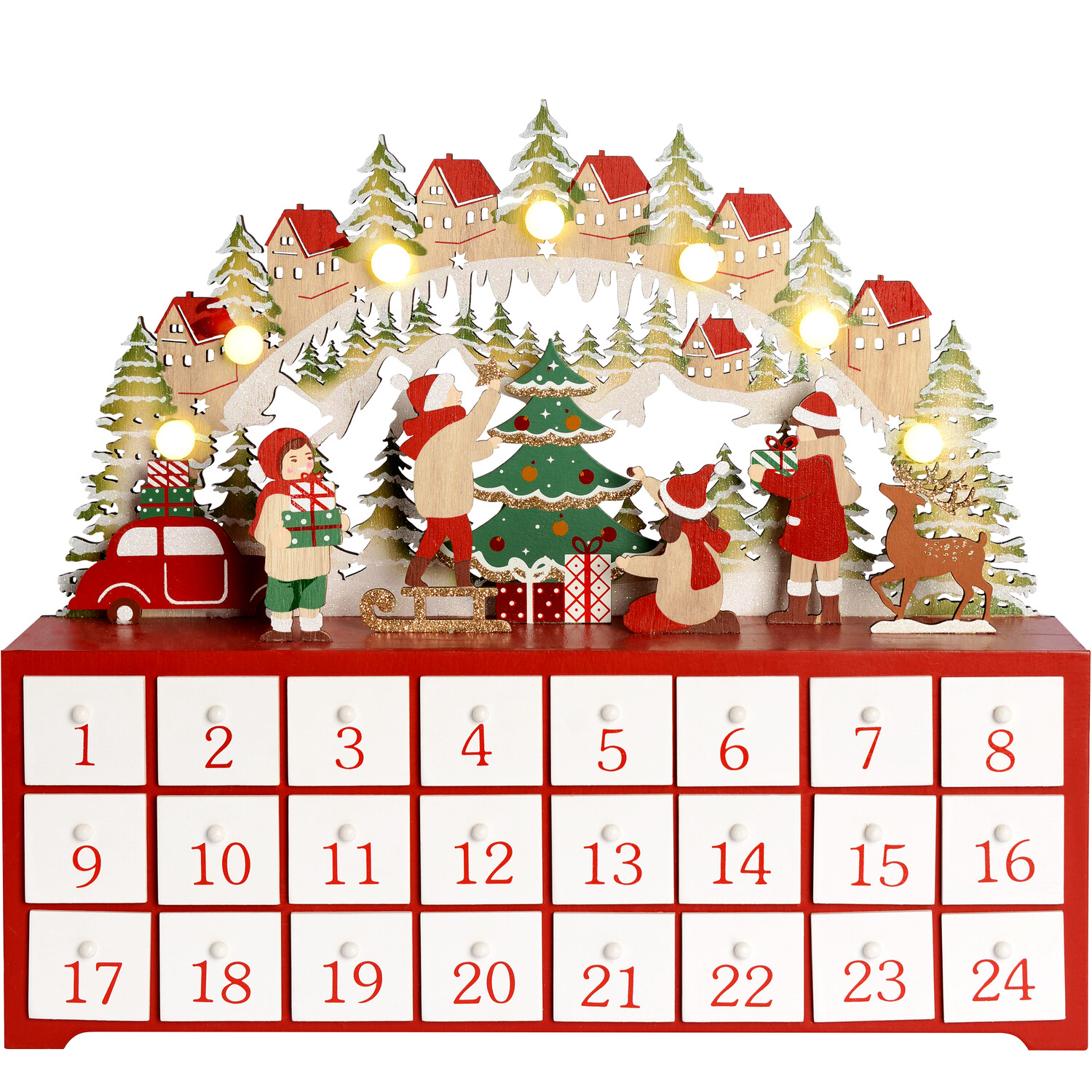 LED Wooden Advent Calendar - Red 2023