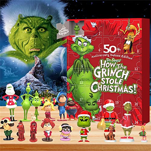 Grinch Advent Calendar, Grinch Adventskalender 2023, DIY 24 Tage Weihnachts-Countdown-Kalender, Green Monster Grinch Toys Cute Figures Doll Advent Calendar, Überraschungsgeschenke