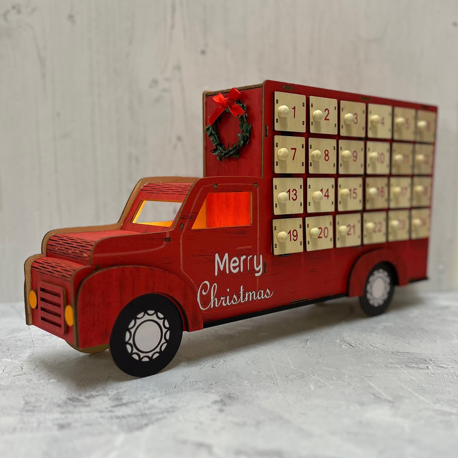 Red Wooden Truck Advent Calendar with LED Lights