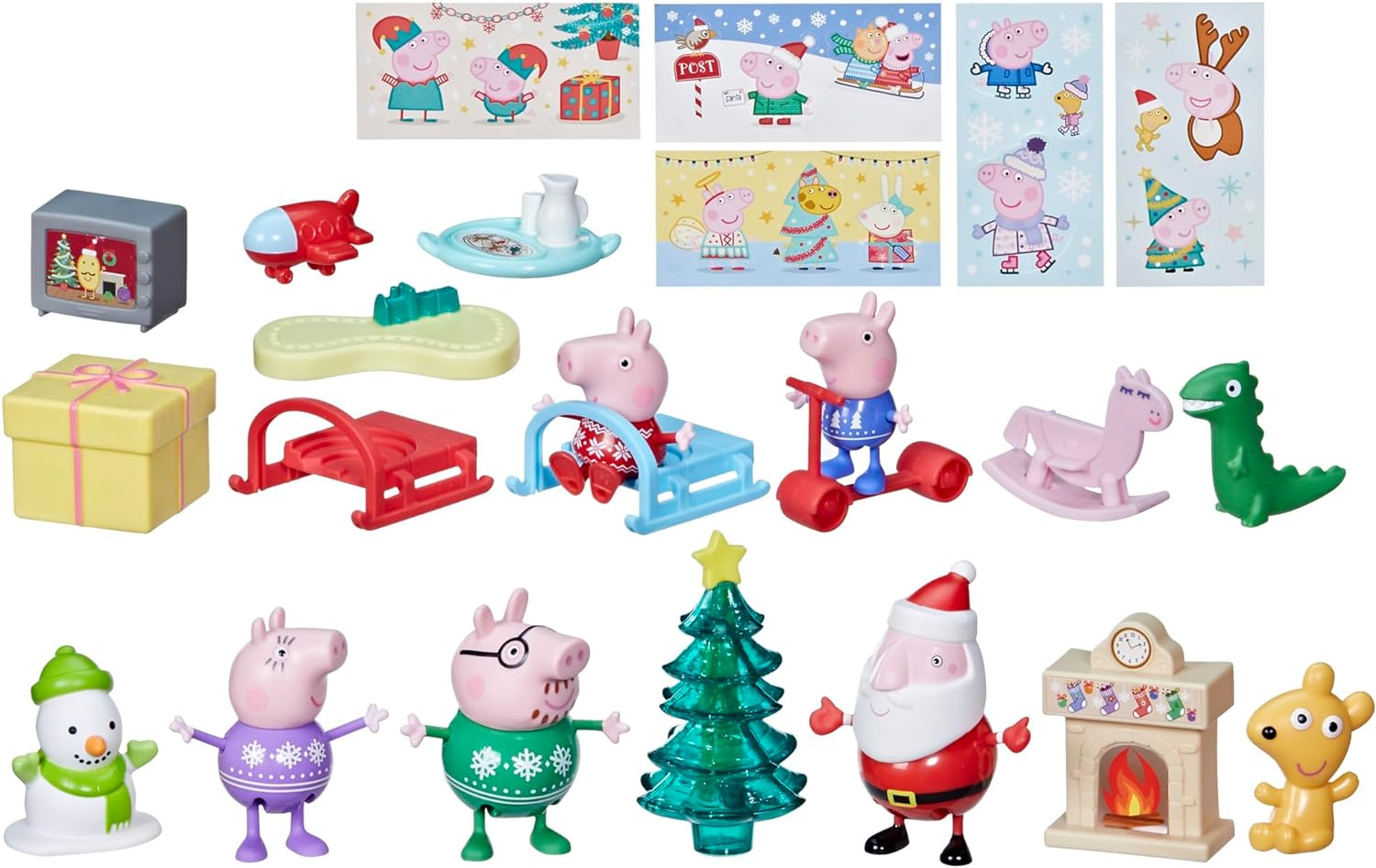 Peppa Pig Peppas Adventskalender mit 24 Überraschungsspielzeugen und Aufklebern, Kinderpielzeug - Inhalt