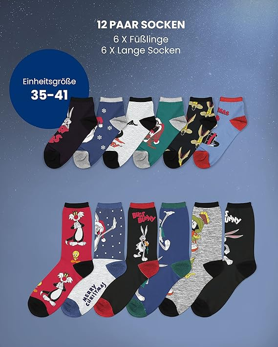 LOONEY TUNES ® | Original Adventskalender | 12 Paar Socken Für Herren  - Inhalt