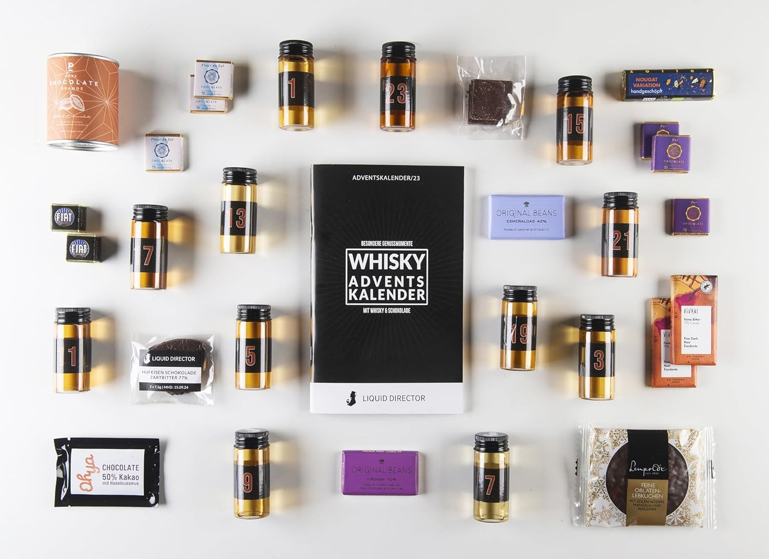 Whisky Genuss Adventskalender 2023 mit Whisky & Schokolade von LIQUID DIRECTOR - Inhalt