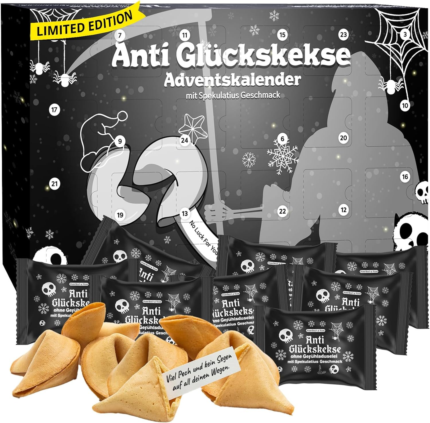 Anti Glückskeks Adventskalender 2023, 24 Türchen voller Pech-Sprüche mit Spekulatius Geschmack, Anti - Weihnachten Geschenkbox