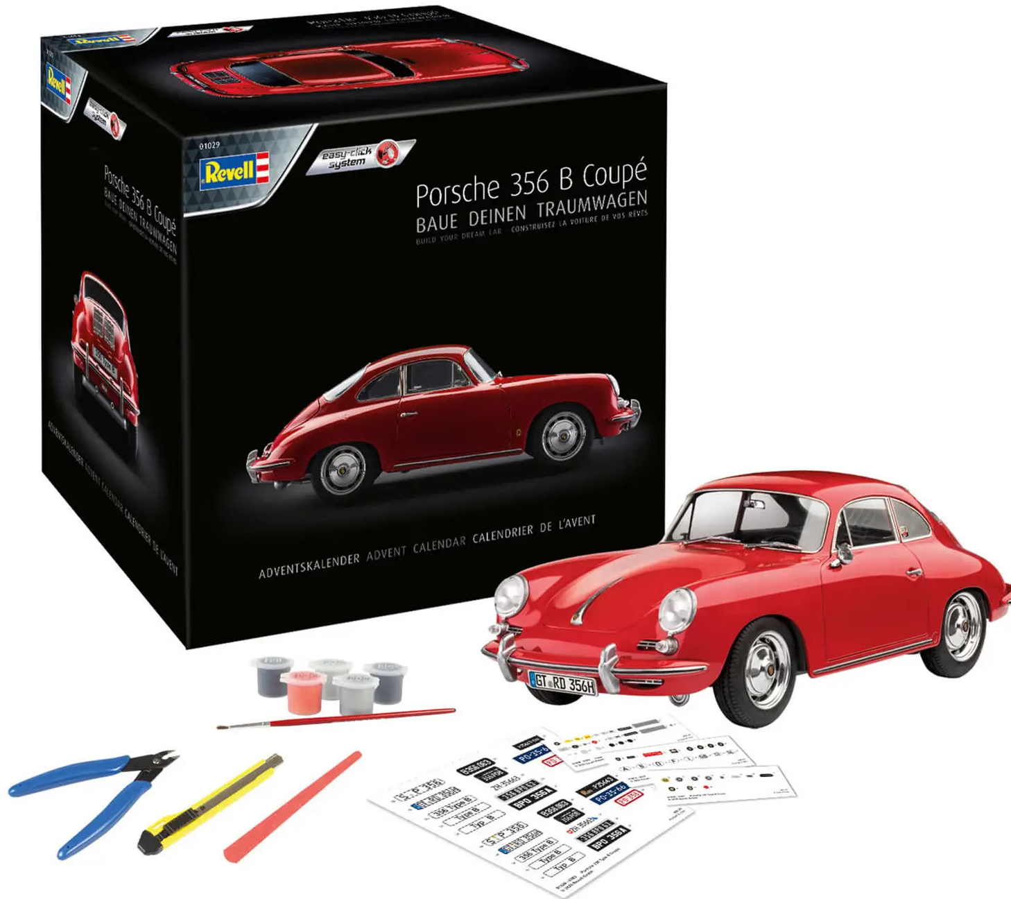 Revell Porsche 356 B Coupé Easy Click Model Kit (1:16 Scale) Advent Calendar 2023 - Inhalt Content (EN)