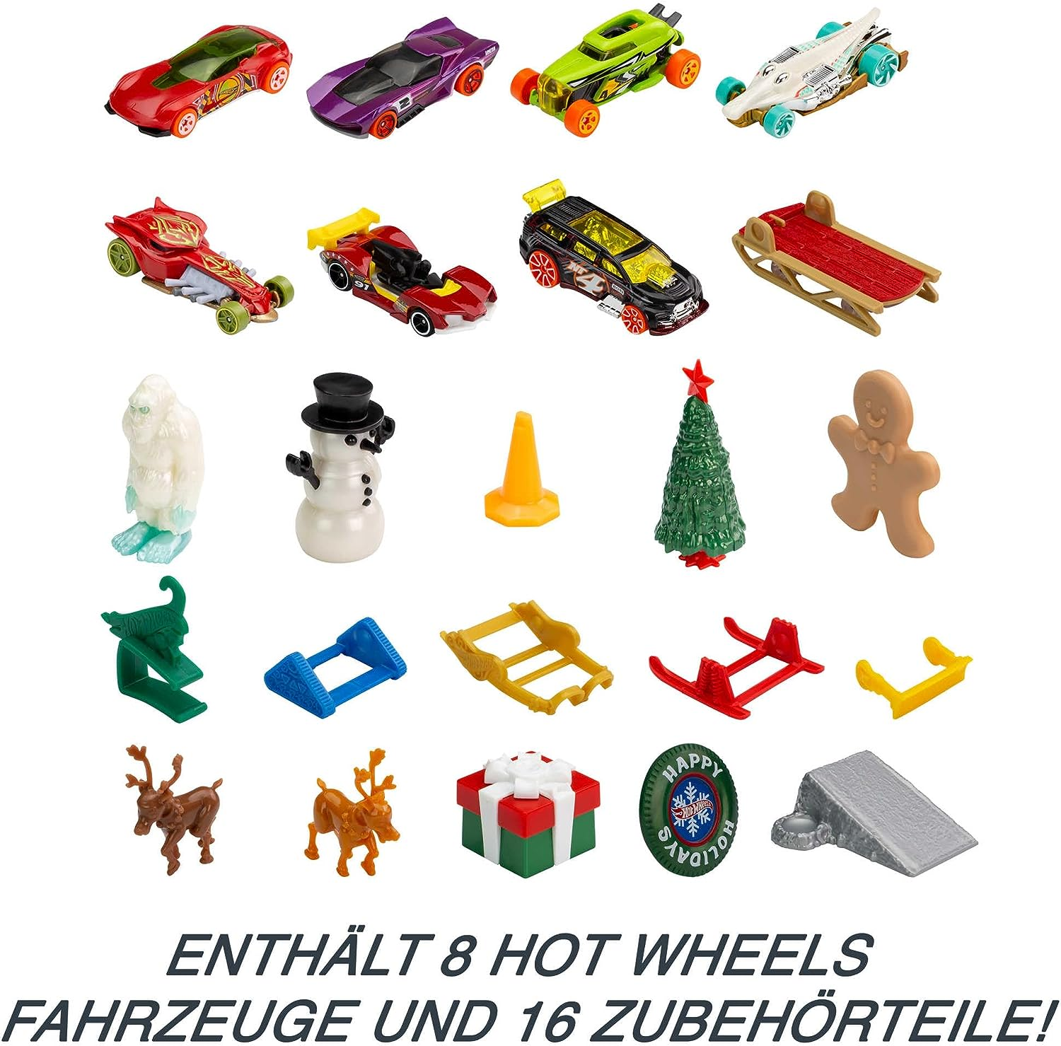 Hot Wheels Adventskalender, 8 Hot Wheels Spielzeugautos mit Feiertagsmotiven und diversem Zubehör mit Spielmatte, Geschenk & Spielzeug für Kinder ab 3 Jahren, HCW15 - Inhalt