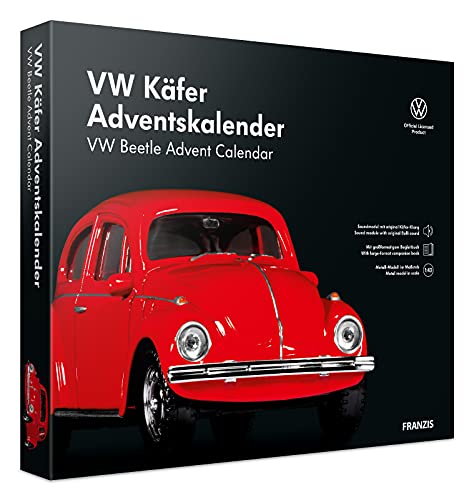 FRANZIS 55255 - VW Käfer rot Adventskalender 2021 - in 24 Schritten zum VW Käfer unterm Weihnachtsbaum, Metall-Modell 1:43, Kunststoffpodest mit integriertem Soundmodul, empfohlen ab 14 Jahren