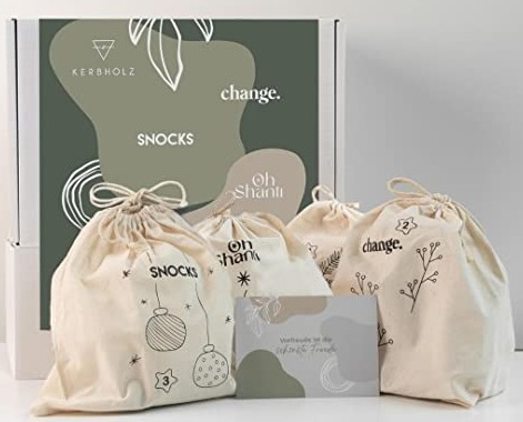 Nachhaltiger Adventskalender mit 4 hochwertigen Geschenken von Snocks, Kerbholz, oh shanti & change