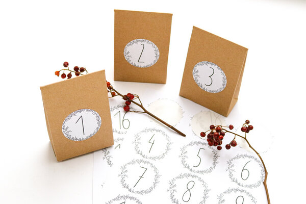 Avocadostore- Adventskalender mit 24 Faltschachtel aus Kraftpapier & floralen Stickern