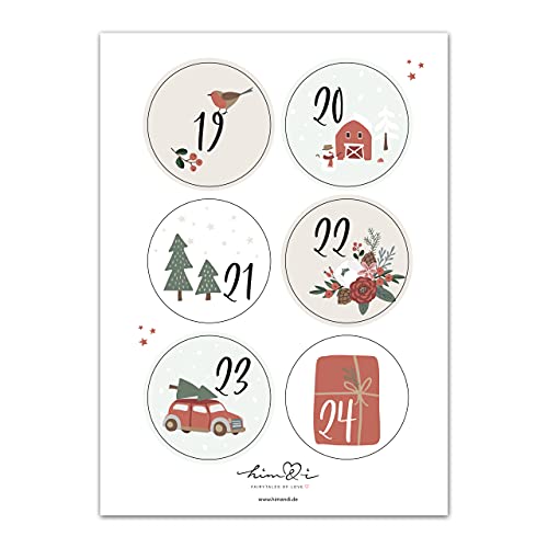 Him & I® - 24 Adventskalender Zahlen Sticker für Weihnachtskalender - Aufkleber für Adventskalender (rund/matt / 40mm) - Nummern für Papiertüten - perfekt für DIY Adventskalender basteln & befüllen variant