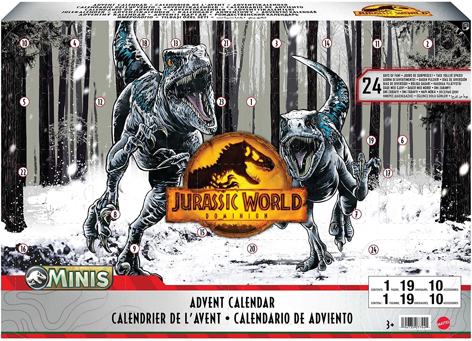 Jurassic World HHW24 - Adventskalender 2022 für Kinder mit Überraschungen für 24 Tage, enthält diverse Dinosaurier-Figuren und Kampf-Arena, Spielzeug ab 3 Jahre