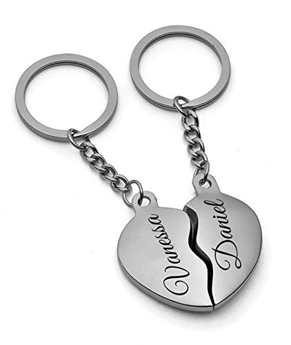 Set Partner- Schlüsselanhänger mit Gravur nach Wunsch geteiltes Herz in Silber mit Geschenkbeutel