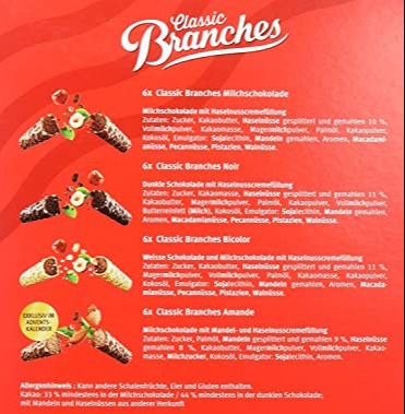 Frey Branches Adventskalender - Weihnachtskalender mit 24 assortierten Schokoladen-Riegeln mit Haselnusscremefüllung - Schweizer Schokolade - UTZ - Schokoladengeschenk zu Weihnachten Adventszeit variant