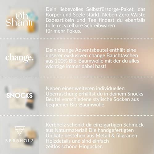 Nachhaltiger Adventskalender mit 4 hochwertigen Geschenken von Snocks, Kerbholz, oh shanti & change variant