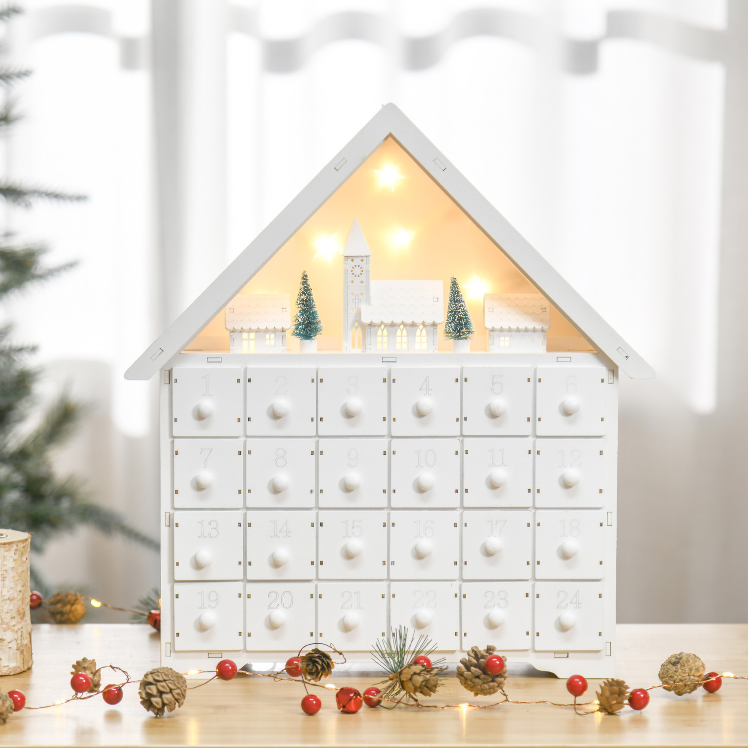 24-Drawer Advent Calendar with Lights Handle - White Content (EN)