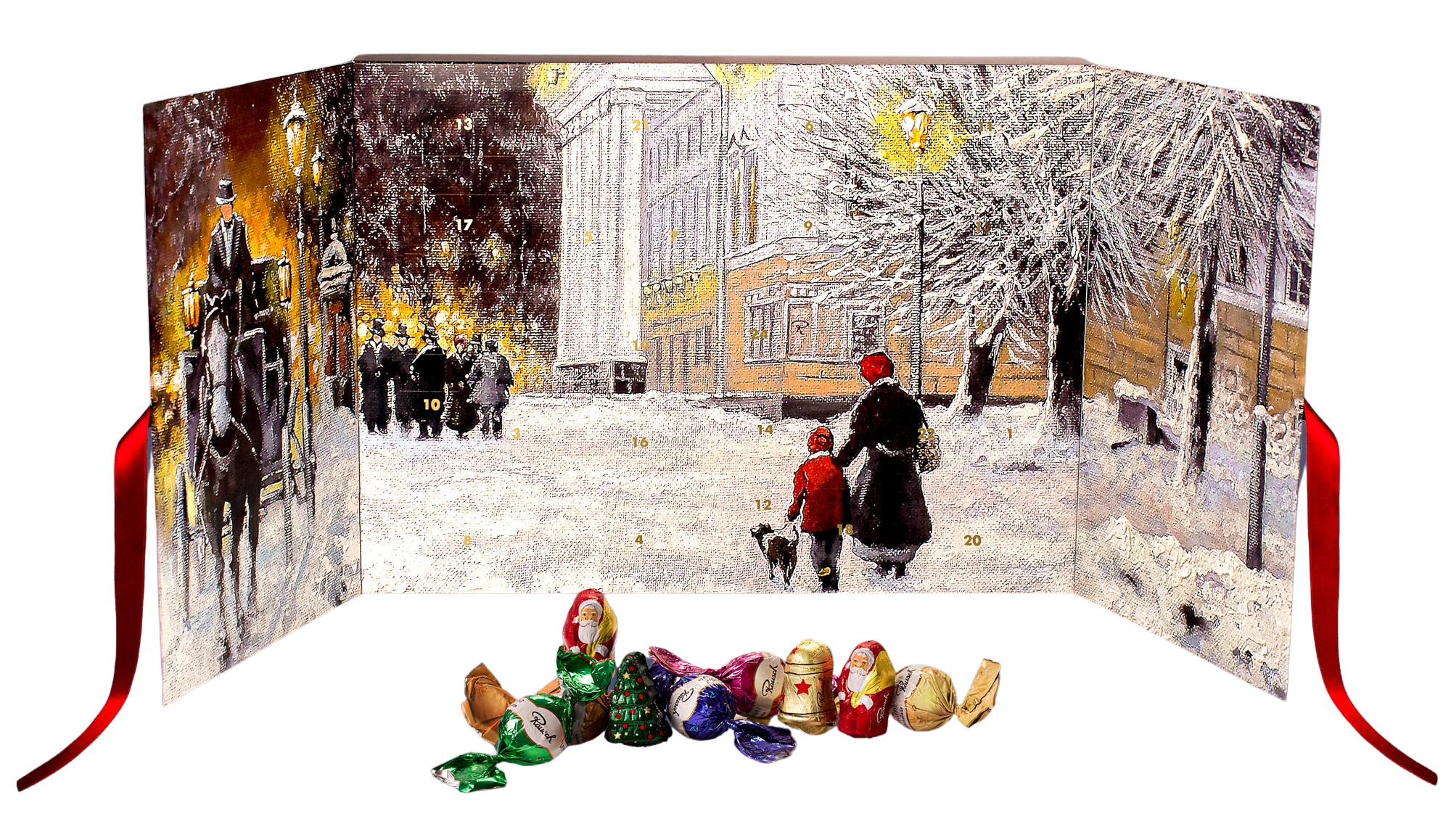 Adventskalender ›Rausch Weihnachtswelt‹ mit 24 Köstlichkeiten aus Edelkakao-Schokolade und alkoholfreien Pralinen-Kreationen | Rausch Schokoladenhaus