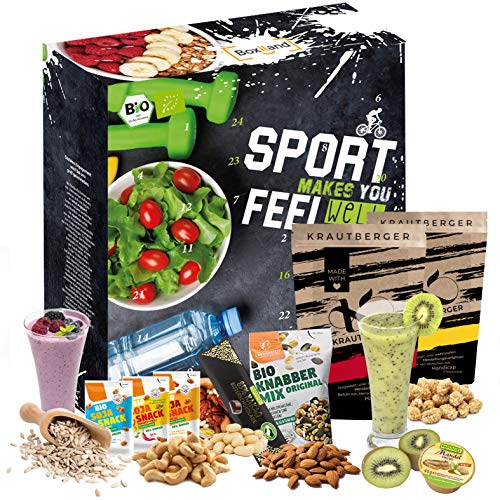 BIO Adventskalender 2020 für Sportler I Bodybuilding I gesundheitsbewusste Menschen Geschenkbox I 24 proteinreiche Produkte I Muskelaufbau I Abnehmen Adventszeit I gesund durch die Adventszeit