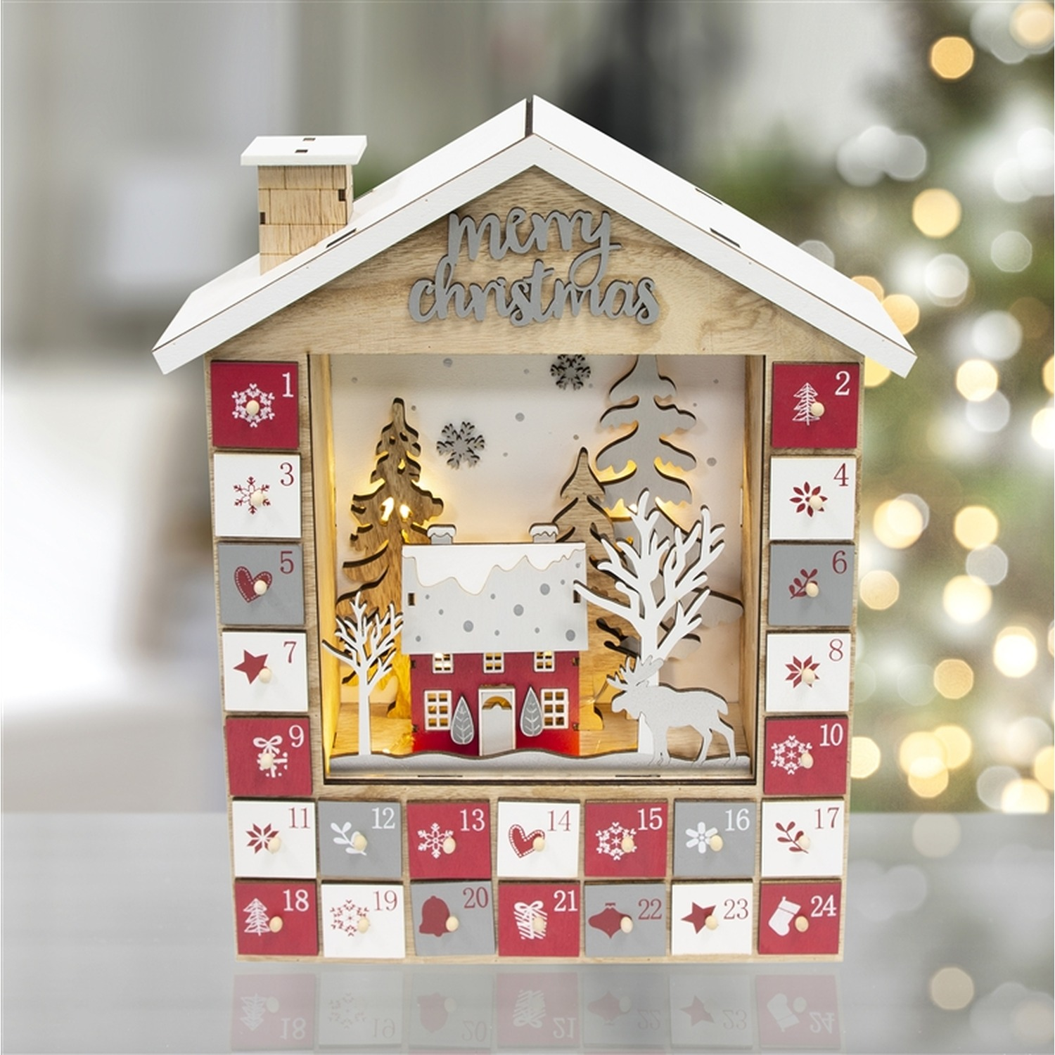 Large LED Traditional House Wooden Advent Calendar - White