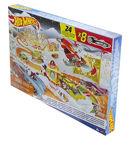 Hot Wheels Adventskalender, 8 Hot Wheels Spielzeugautos mit Feiertagsmotiven und diversem Zubehör mit Spielmatte, Geschenk & Spielzeug für Kinder ab 3 Jahren, HCW15 variant