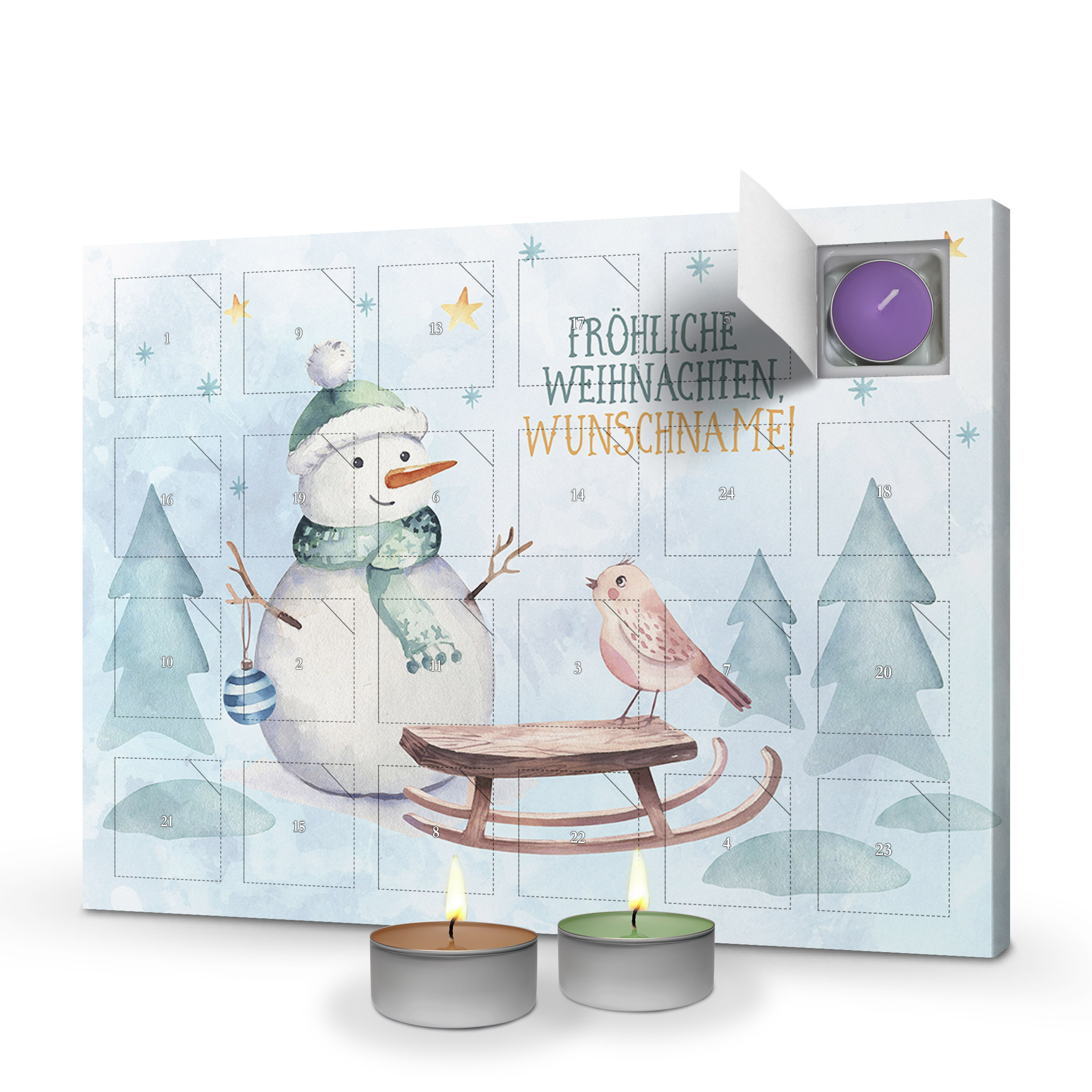 Personalisierter Duftkerzen-Adventskalender Motiv: Schneemann und Schlitten - Kalender bestellen
