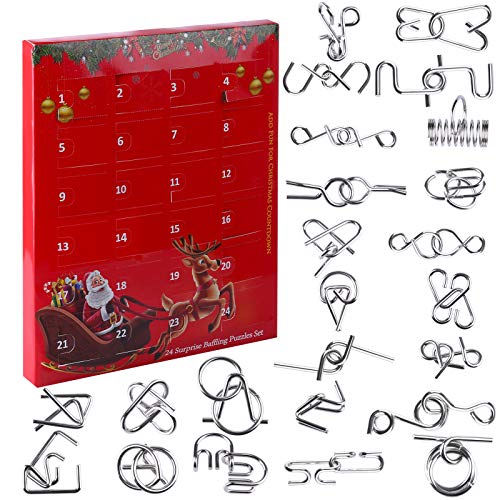 Gettmax 24 Stück Knobelspiele Adventskalender, Metall Knobelspiele IQ Spiele Puzzle 3D Geduldspiele Denkspiel Brainteaser Puzzle für Kinder und Erwachsene