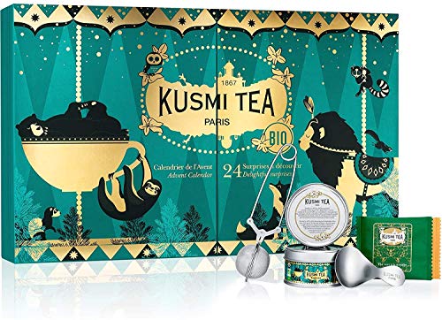 Kusmi Tea - Adventskalender mit 2 Mini Teedose und 20 Teebeuteln (grüne Tees, schwarze Tees, aromatisierte Kräutertees) sowie einer Teezange und einem TeemessLlöffel