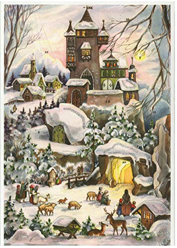 Nostalgischer Adventskalender aus Papier mit Bildern und Glitzer für Kinder und Erwachsene "An der Burg"