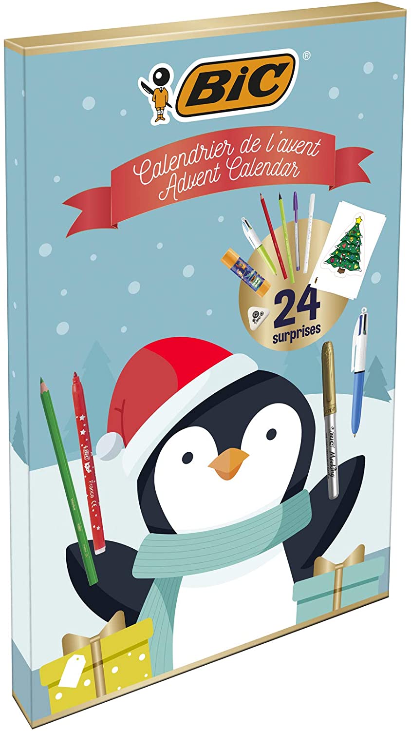 BIC Stationery Advent Calendar – 24 Writing Products – 6 Magic Felt Pens/6 Coloured Pencils/4 Colouring Crayons/1 Glue Tube/1 Graphite Pencil/1 Eraser/3 Ball Pens, 24 Postcard & 20 Stickers to colour