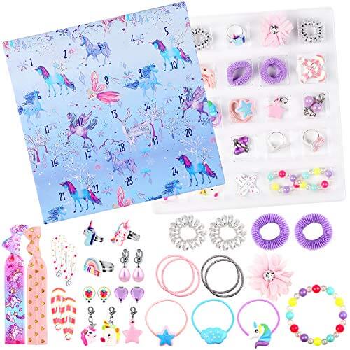 vamei Adventskalender Kinder Mädchen Weihnachten 2020 Countdown Kalender Armband Mädchen Schmuck Charms Ringe Clip-on Ohrringe Haargummis Einhorn Überraschungsgeschenk für Kinder Mädchen