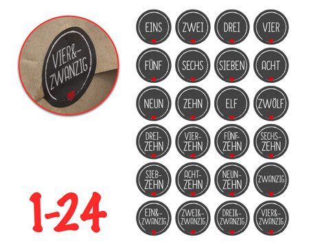 Nummern Papiertüten Adventskalenderzahlen Etiketten selbstklebend Adventskalender Aufkleber Set - 12 x 24 Sticker für Kalender zum selber basteln für Weihnachten Zahlen 1-24 Zahlenaufkleber 
